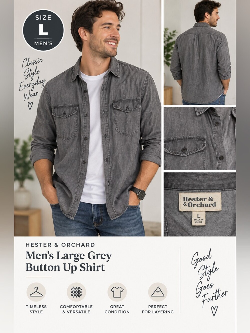 Hester & orchard men's large grey button up shirt #11